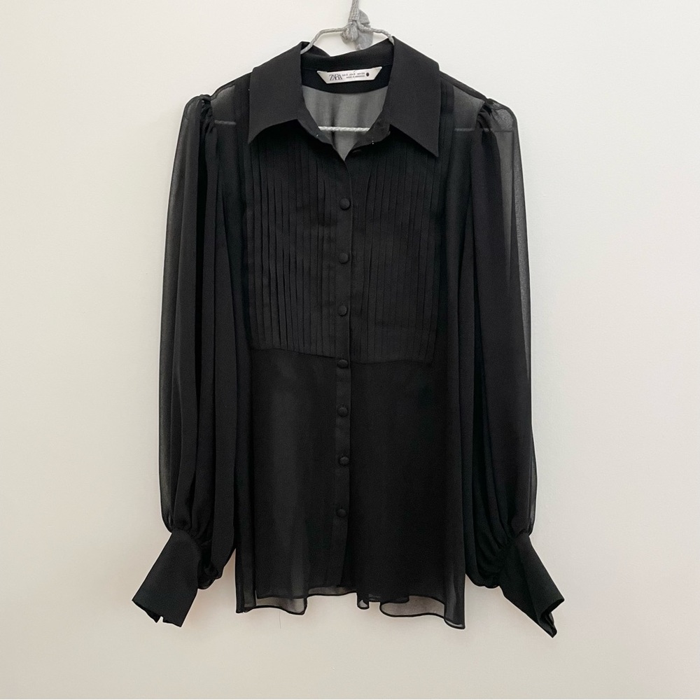 Zara long sleeve black semi-sheer blouse